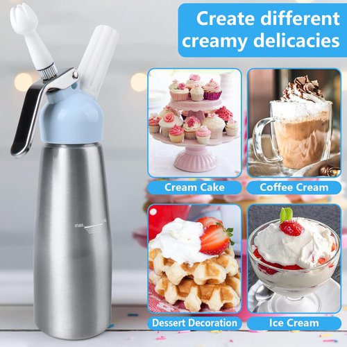 NATUREKIT Professional Whipped Cream Dispenser,Aluminum Body 1-Pint / 500 ml,Cream Maker with 3 Plastic Decorating Tips and 1 Cleaning Brush