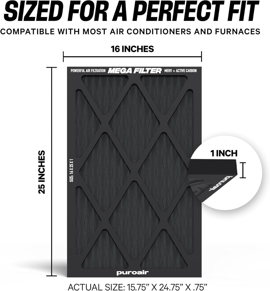 PuroAir MegaFilter - MERV 13 Air Filter with Activated CarbonTech - Heavy Duty 16x25x1 (2-Pack) for Allergens & Odors