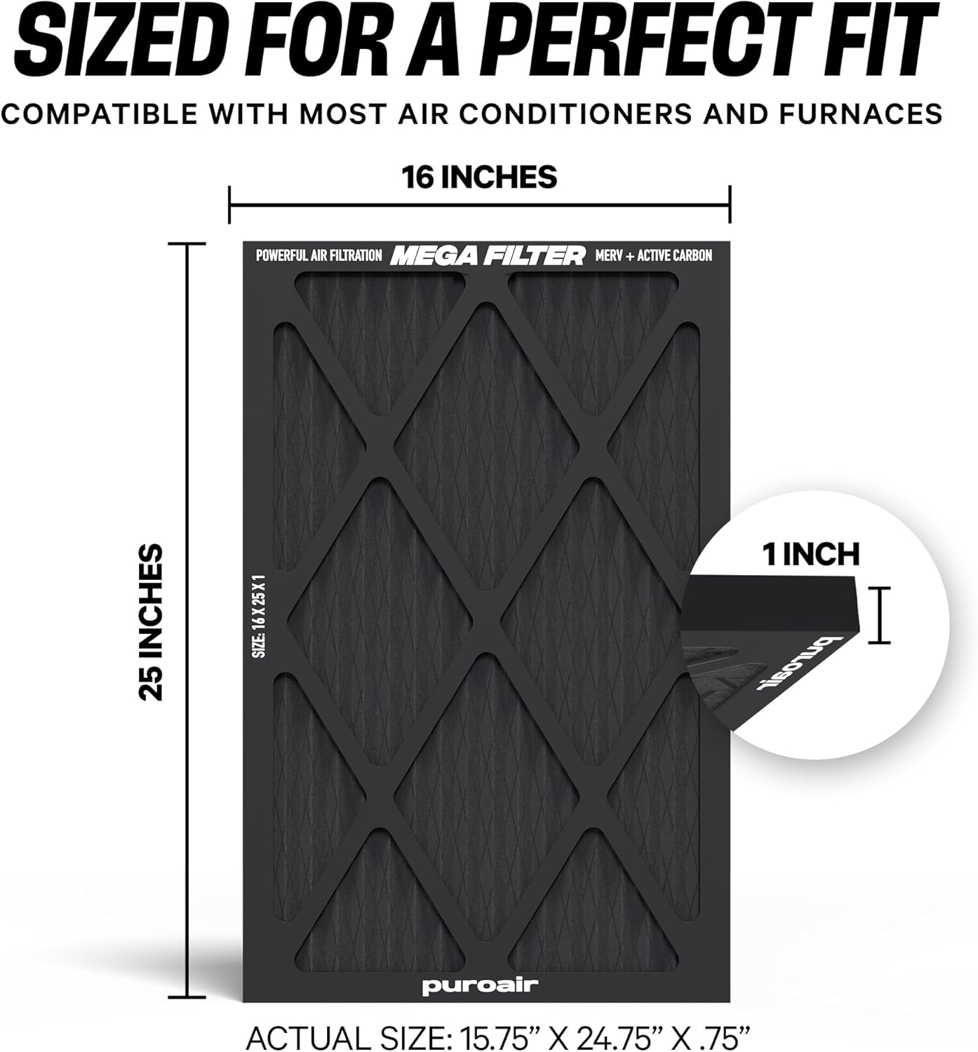 PuroAir MegaFilter - MERV 13 Air Filter with Activated CarbonTech - Heavy Duty 16x25x1 (2-Pack) for Allergens & Odors