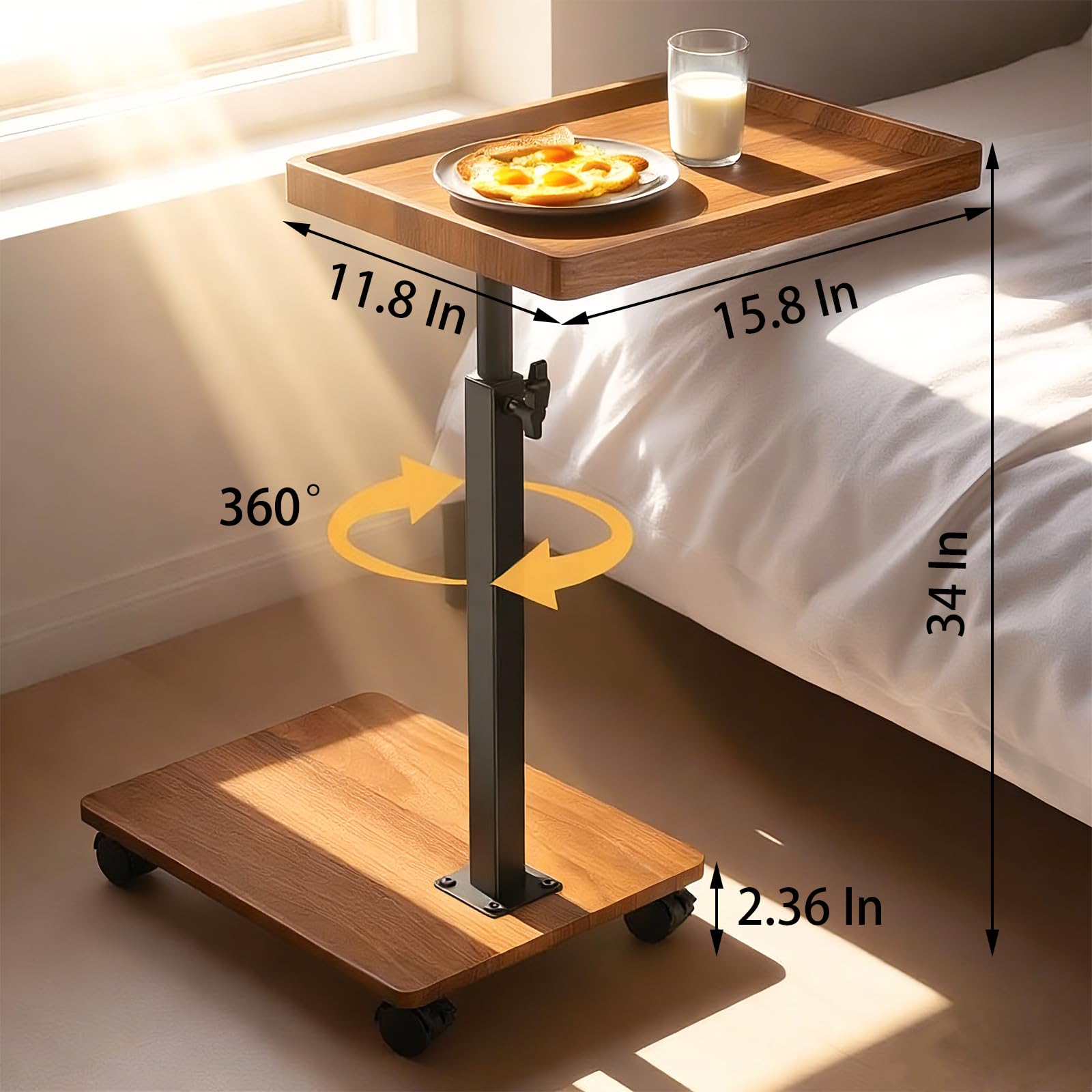 Adjustable Height Couch Tables that Slide Under Sofa, 360° Swivel Modern Tv Tray Table with Wheel, C Shaped End Table for Couch, C Table for Small Place, Perfect for Livingroom, Bedroom