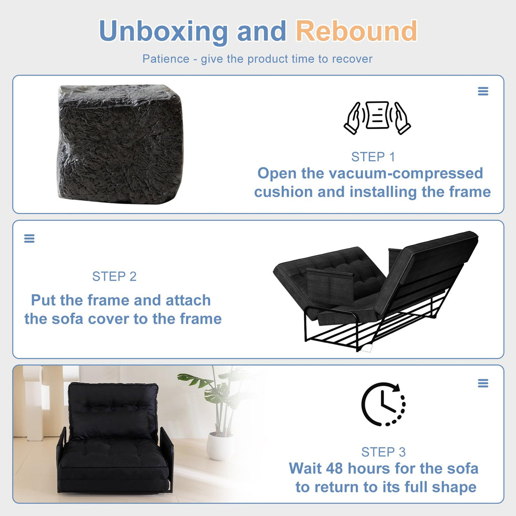 YOSHOOT Adjustable Lazy Floor Sofa, Folding Couch Bed with 5 Positions Adjustable Backrest, Convertible Bean Bag Sofa Bed Couch Foldable Sleeper Chair with Pillow for Reading Gaming（Black, Single）