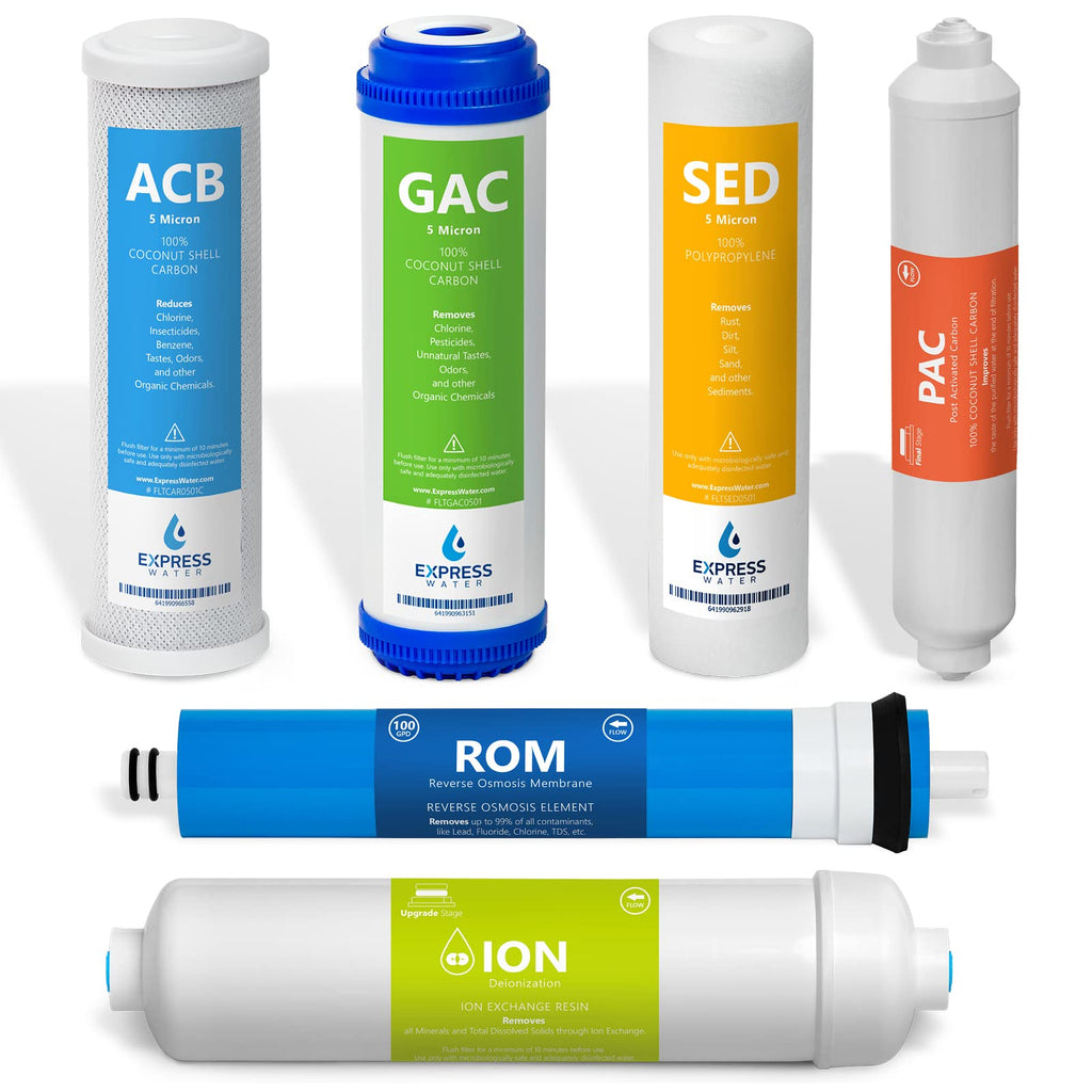 Express Water – 6 Month Deionization Reverse Osmosis System Replacement Filter Set – 6 Filters with 100 GPD RO Membrane – 10 inch Size Water Filters