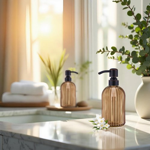 16 OZ Amber Glass Soap Dispenser, Amber Stripe Bathroom Hand Soap Dispensers with Stainless Steel Bronze Pump,Brown Glass Kitchen Hand Soap Dispenser with Oil Rubbed Bronze Pump