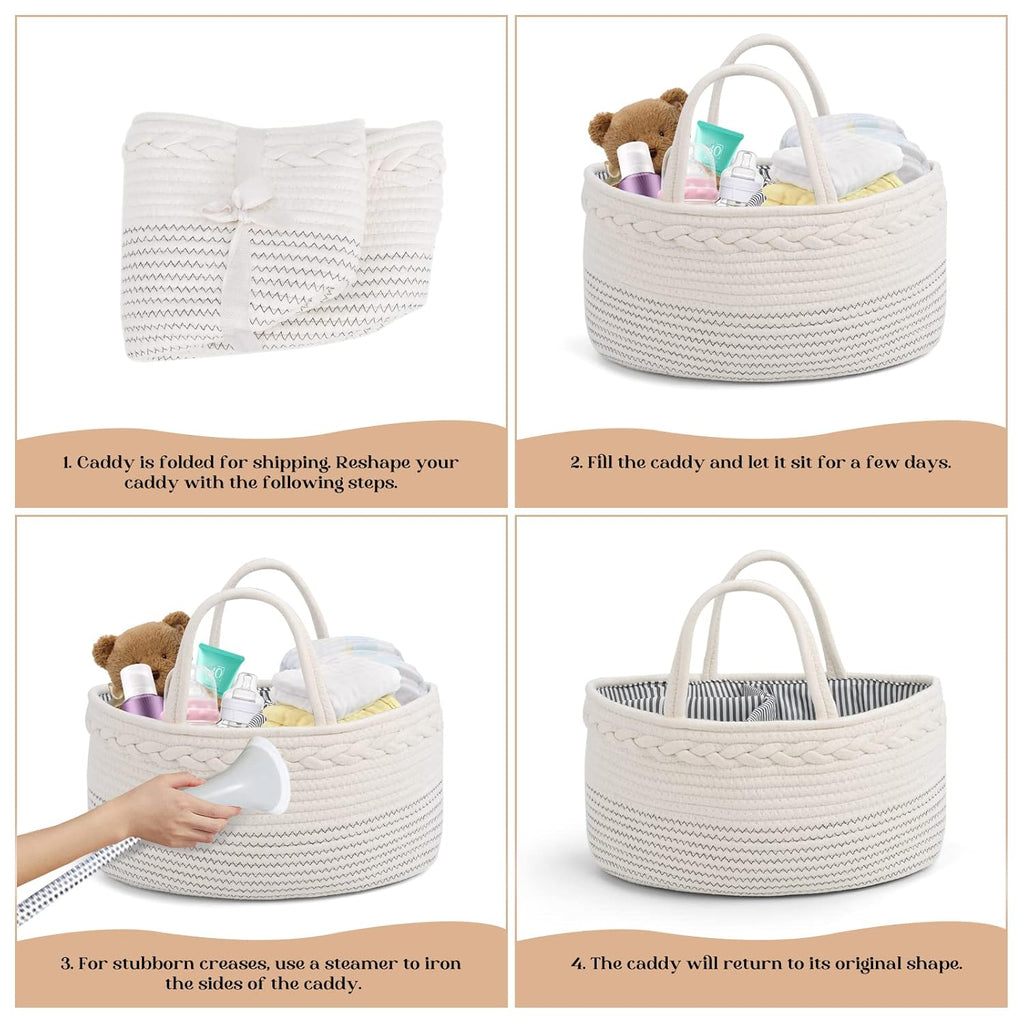 Skiennix Diaper Caddy Organizer - Large Cotton Rope Baby Basket for Nursery & Changing Table (Off White)