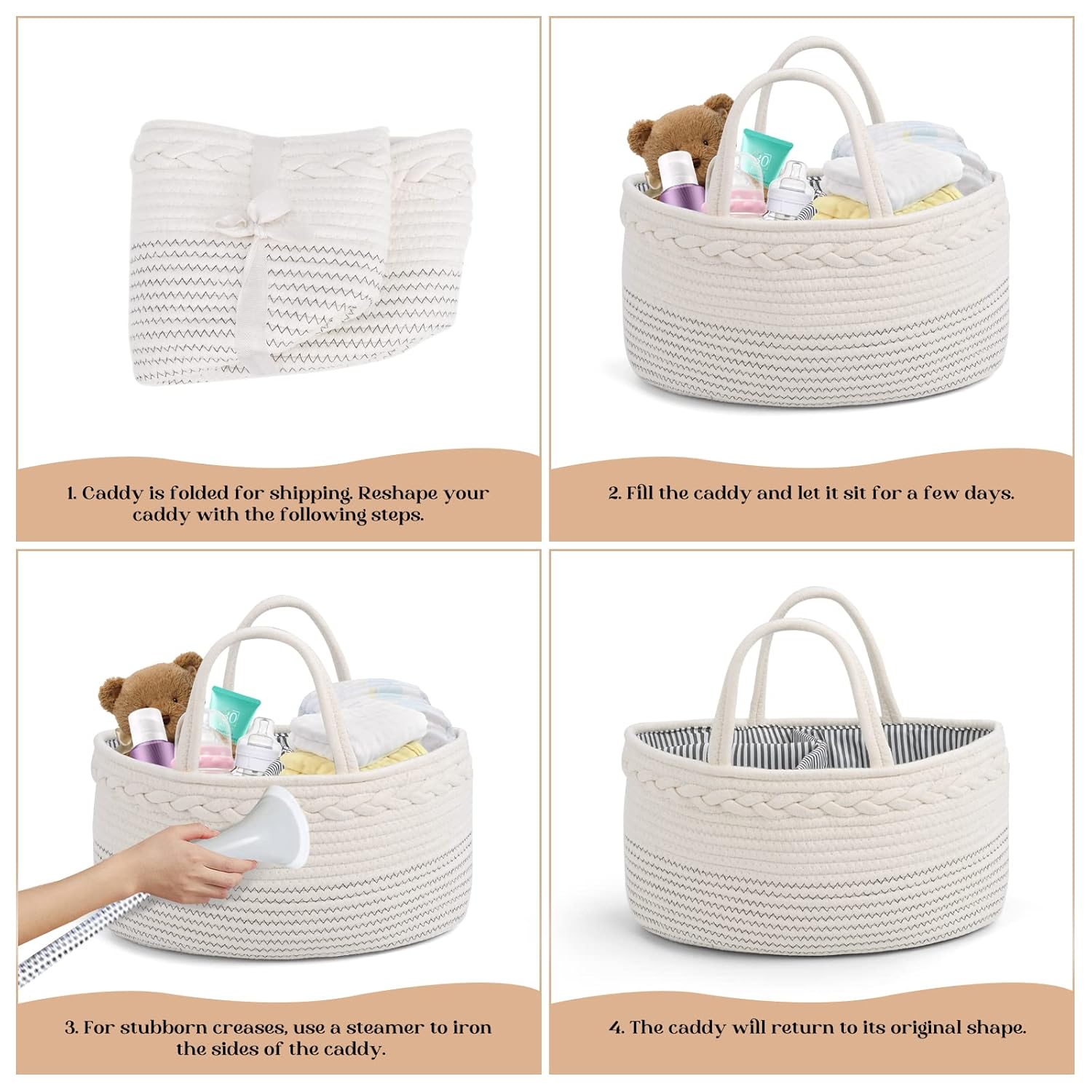 Skiennix Diaper Caddy Organizer - Large Cotton Rope Baby Basket for Nursery & Changing Table (Off White)