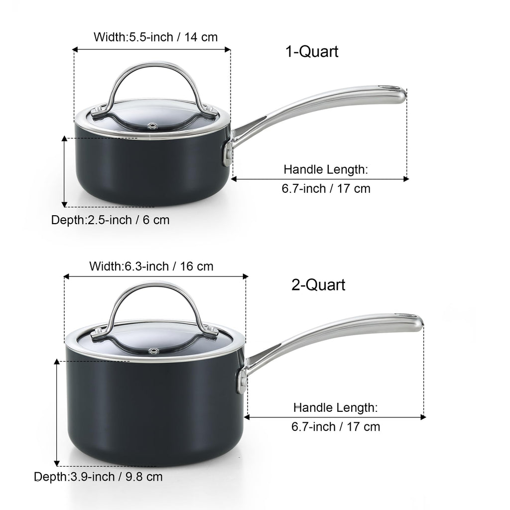 Cooks Standard Classic 1 Quart and 2 Quart Nonstick Saucepan Set with Glass Lids, Hard Anodized Non Stick Sauce Pans, Small Kitchen Cooking Sauce Pots Mini Milk Pans, Dishwasher Safe Cookware, Black