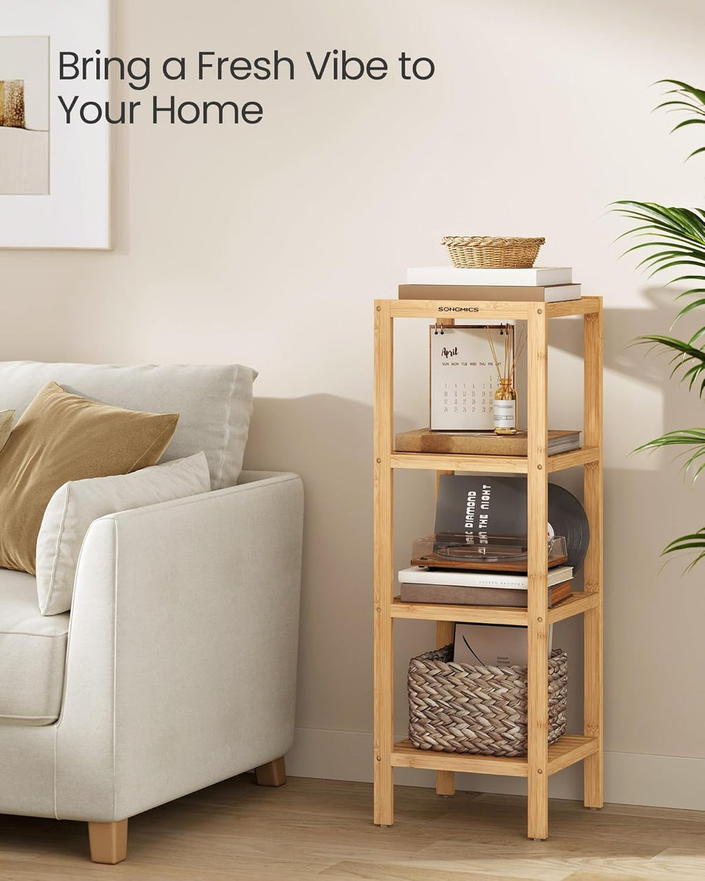 SONGMICS 4-Tier Bamboo Shelf - Versatile Narrow Bathroom & Corner Rack for Kitchen, Living Room, Bedroom
