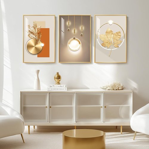 Framed Modern Luxury Gold Wall Art - Set of 3 Contemporary Paintings for Living Room | 24x36 Inch