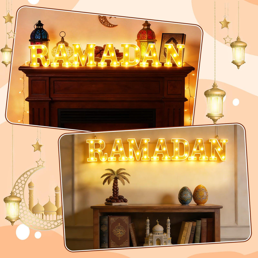 Aurelema 7 Pcs Ramadan Decorations Ramadan Large LED Letter Sign Powered Battery Light Gold Powder Surface Hanging Decor for Party Decorations Indoor Outdoor