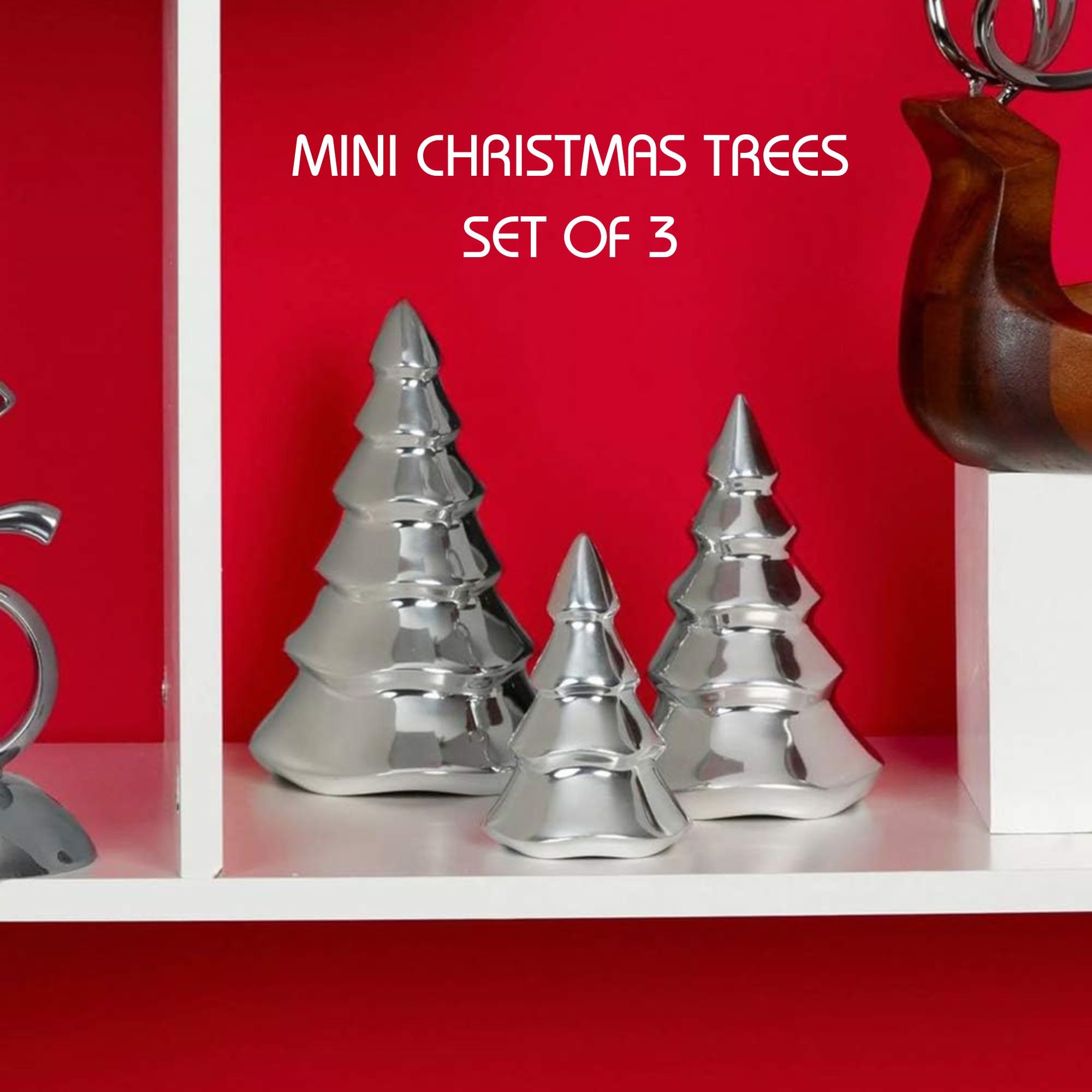 Nambé Holiday Mini Christmas Tree Set – Sculpted Alloy Design with Snowy Accents, Festive Seasonal Decoration for Mantel, Tabletop, or Shelf Display – Three Sizes, Elegant Holiday Collectibles