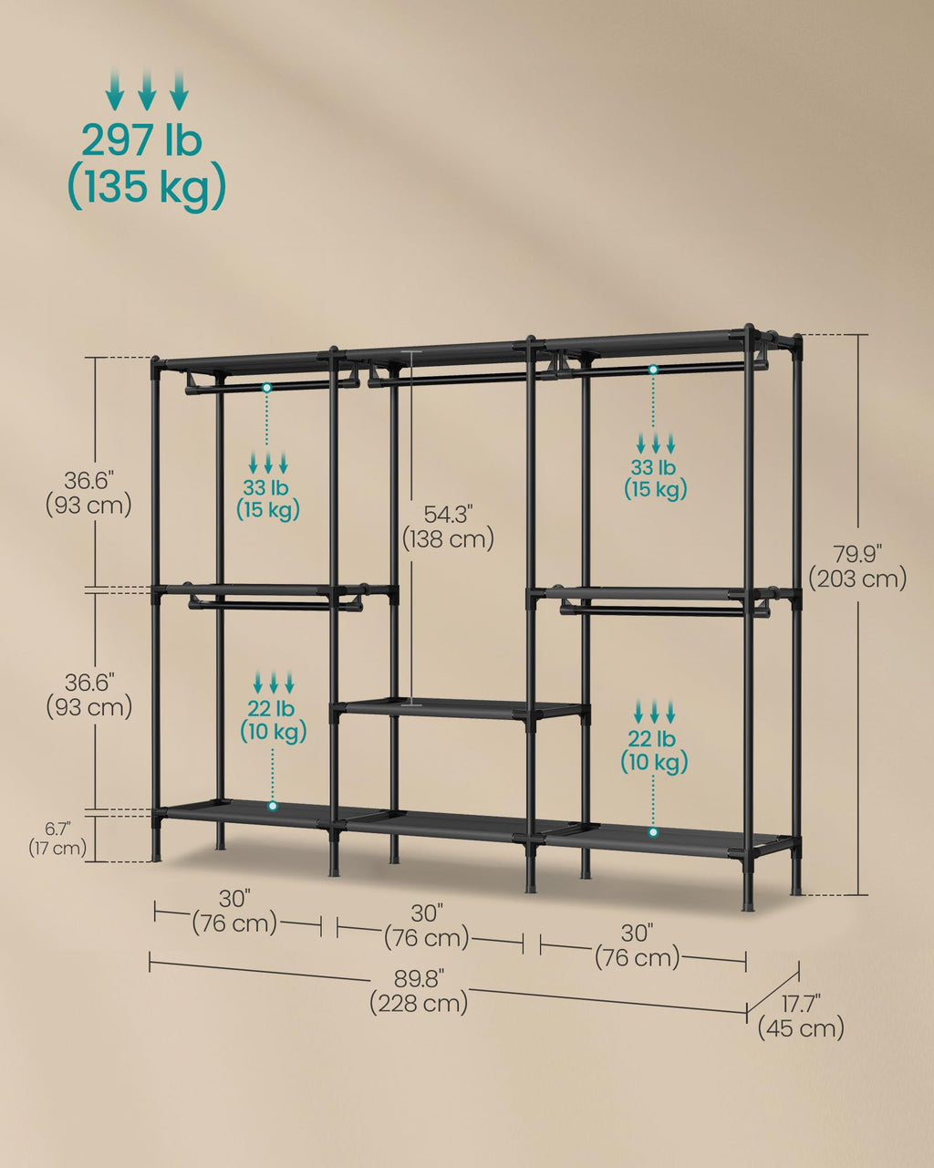 SONGMICS Clothes Rack, Portable Closet, Heavy-Duty Wardrobe Closet Organizer with Hanging Rails and Shelves, 79.9 Inches Tall, Total Load 297 lb, Easy Assembly, for Bedroom, Ink Black URDR212BZ01