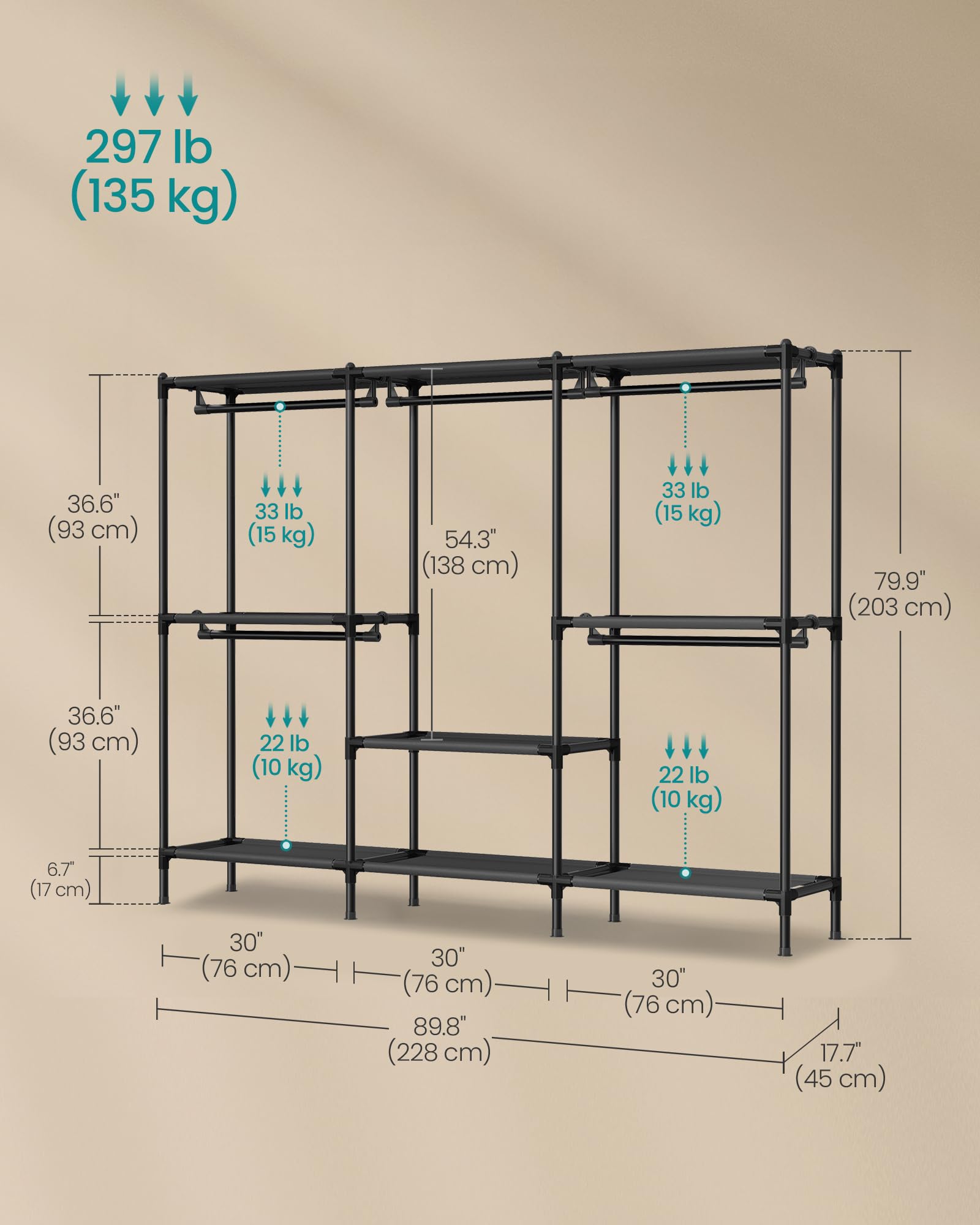 SONGMICS Clothes Rack, Portable Closet, Heavy-Duty Wardrobe Closet Organizer with Hanging Rails and Shelves, 79.9 Inches Tall, Total Load 297 lb, Easy Assembly, for Bedroom, Ink Black URDR212BZ01