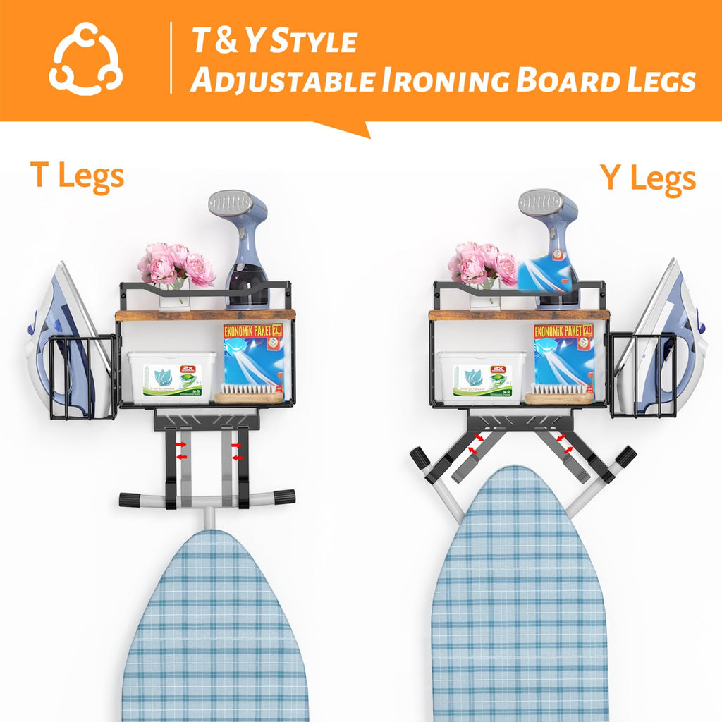 Ironing Board Hanger Wall Mount, 2-Layer T&Y Iron Board Holder with Ironing Caddy, Metal Ironing Board Holder Storage Organizer, Floating Wood Shelf for Laundry Room Decor Accessories Organization