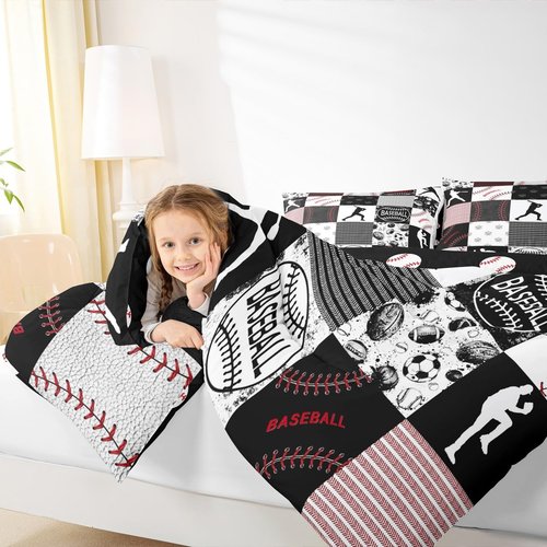 Erosebridal Kids Baseball Comforter Set Full Softball Boys Bedding Set Sports Game Quilted Comforter for Boys Patchwork Down Comforter Baseball Gift Duvet Insert for Teens, Red Black Gray