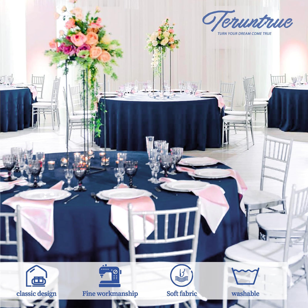 Teruntrue 10 Packs Premium Round Tablecloth 120 Inch Navy Blue Polyester Table Cloth Bulk Washable Fabric Tablecloths Cover for Wedding Party Banquet Buffet Holiday Dinner (120 Inch) TC534H