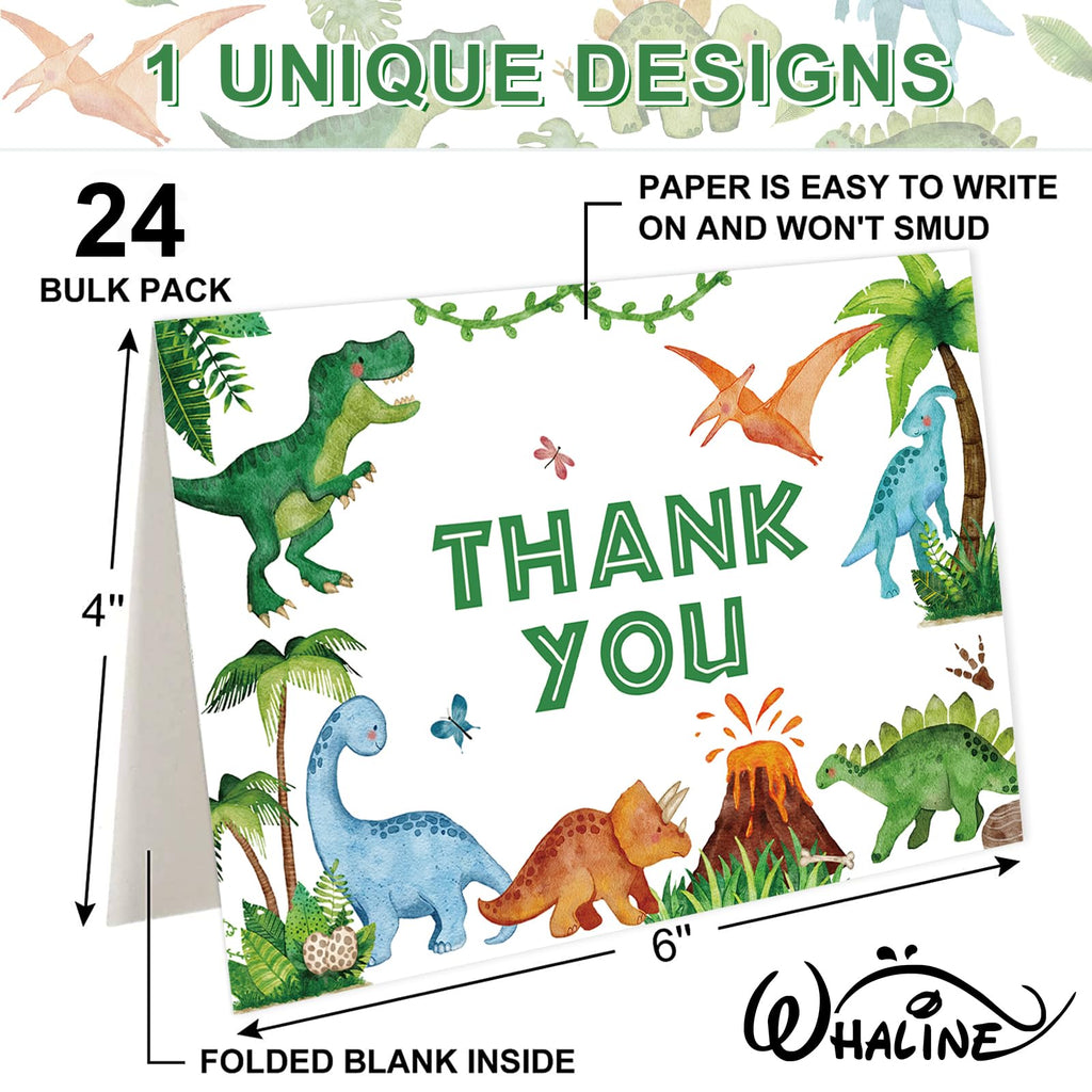 Whaline 24 Pack Dinosaur Thank You Cards Watercolor Green Jurassic Greeting Card with Envelopes Sticker Cute Animal Blank Note Card for Baby Shower Party Invitation Supplies, 4 x 6 Inch