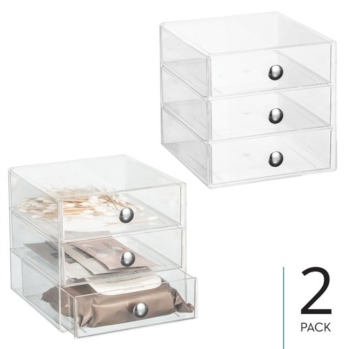iDesign Stackable 3-Drawer Makeup Organizer for Bathroom or Vanity Storage - Set of 2 - Clear
