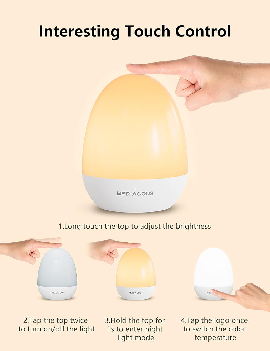 MediAcous Night Light - Dimmable Egg Lamp with Touch Control & Timer | Ideal for Kids' Nursery, 200H Battery Life