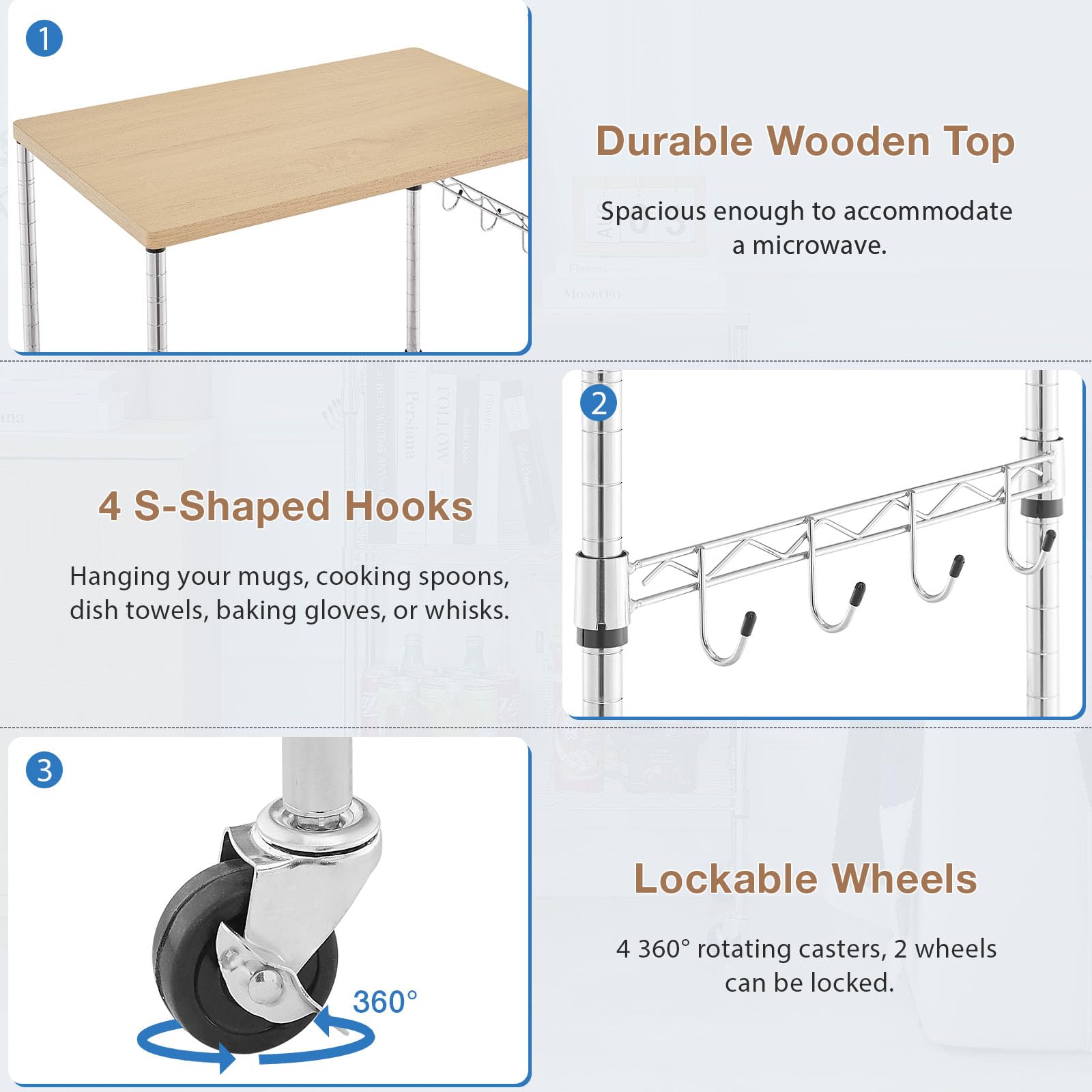 BolDuck 450Lbs Capacity Microwave Cart with Wheels, 3 Tier Rolling Cart with Adjustable Shelves, Multifunctional Metal Utility Storage Kitchen Carts on Wheels, 23.6" L*15.7" W*37" H, Wood+Chrome
