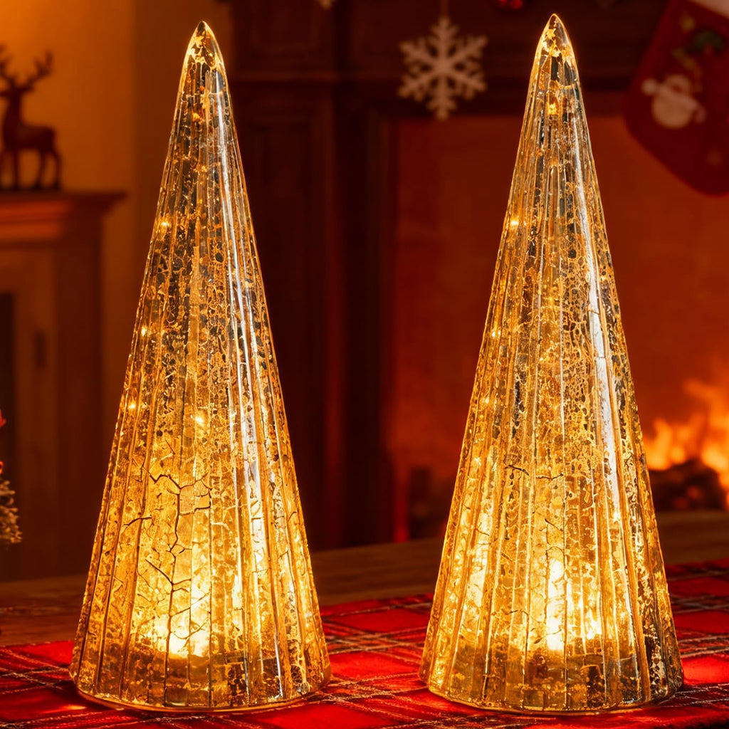 Regine Switzerland Mercury Glass Christmas Trees - Set of 2 Silver LED Figurines for Indoor Decor