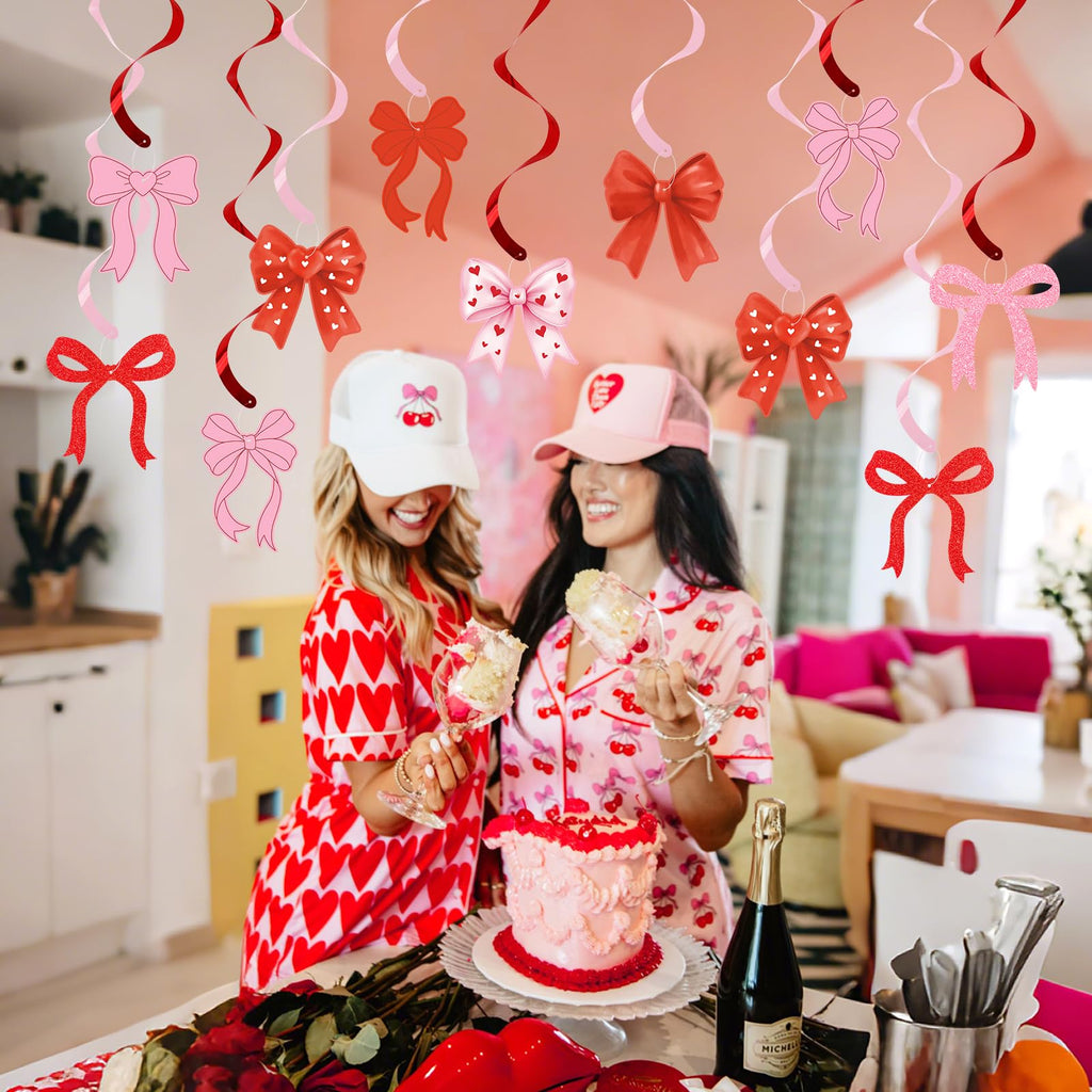 Valentines Day Bow Hanging Decorations, Pink Red Valentine Hearts and Bows Hanging Swirls Ceiling Decoration for Home, Bedroom, Classroom, Wedding Anniversary Galentines & Valentines Day Decorations
