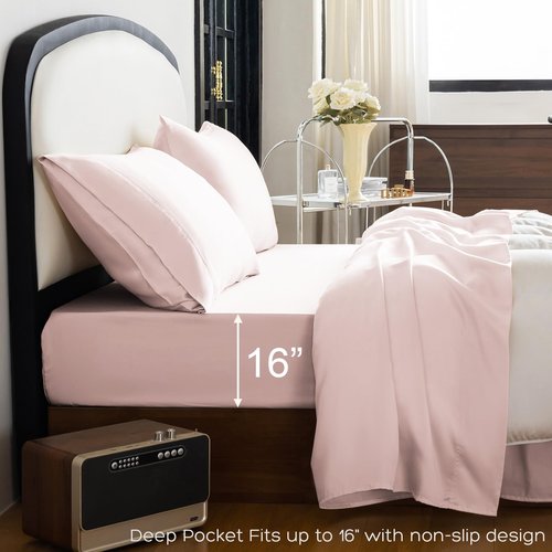 Homilay Tencel Lyocell 4 Pieces Queen Sheet Set, Silky Soft, Cooling & Wrinkle-Free - Oeko-TEX Certified - Deep Pocket Fits 16" Mattress, Marshmallow Pink