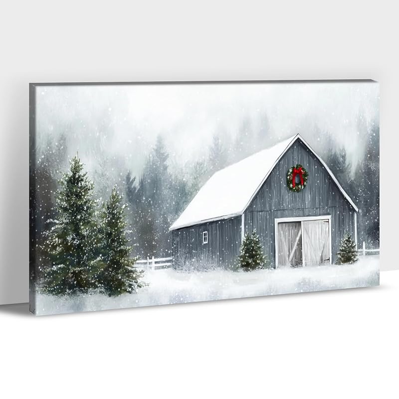 KVTM Winter Canvas Prints Wall Art - Barn in Snow 12x18, Rustic Winter Landscape (Winter Canvas25+18"L x 12"W")