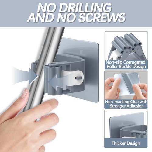 3-H Broom Holder Wall Mount - Heavy Duty No Drill Organizer for Garage & Kitchen | 4-Pack Self Adhesive Plastic Rack