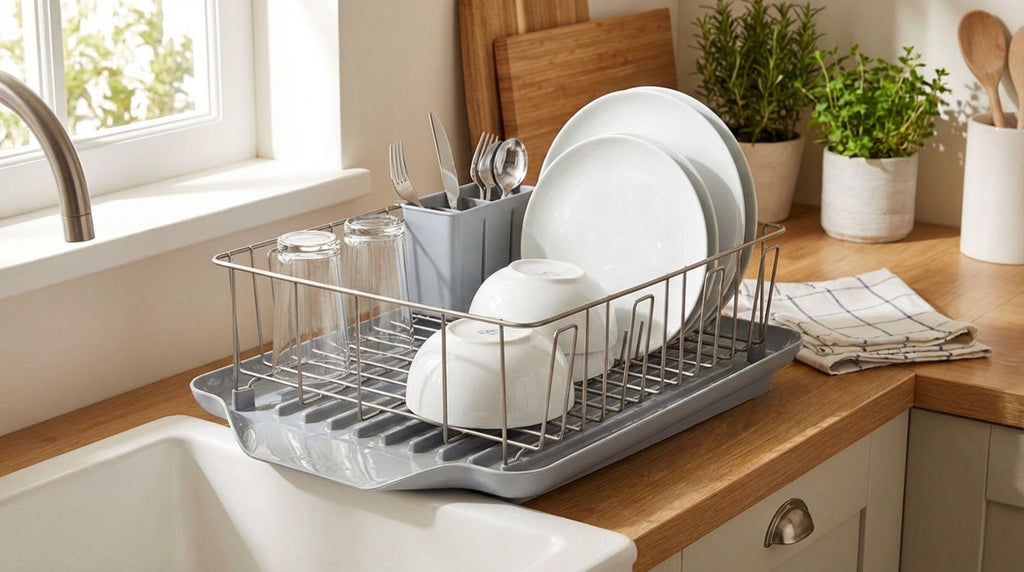 Farberware Classic 3-Piece Dish Drying Rack Set for Kitchen Counter, Gray - Rust-Resistant Wires, Self-Draining Board, Flatware Caddy, Non-Slip Feet