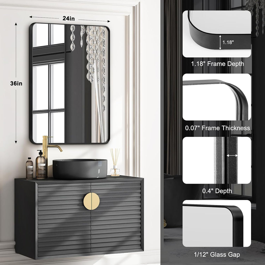 Regine Switzerland Bathroom Mirrors - 2-Piece 24x36 Inch Black Metal Frame Vanity Set | Versatile Horizontal/Vertical Hanging