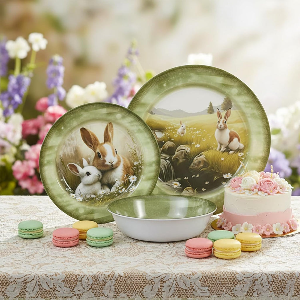 Skiennix 12-Piece Melamine Dinnerware Set - Lightweight Shatterproof Plates & Bowls for 4 | Green Bunny Design, Ideal for Picnics & Outdoor Parties