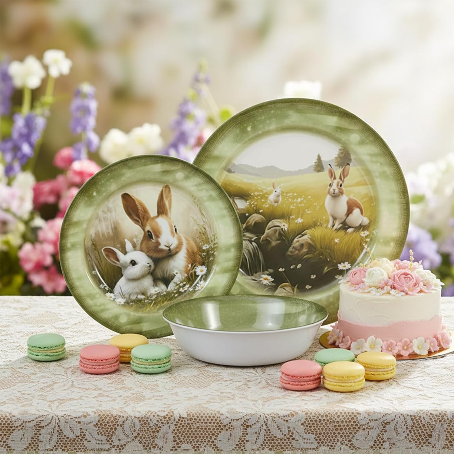 Skiennix 12-Piece Melamine Dinnerware Set - Lightweight Shatterproof Plates & Bowls for 4 | Green Bunny Design, Ideal for Picnics & Outdoor Parties