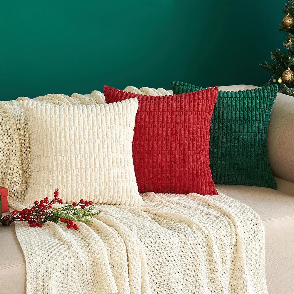 MIULEE Corduroy Decorative Throw Pillow Covers - Soft Boho Striped Design | 12x12 Inch Cream White for Sofa & Bed