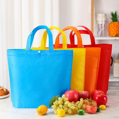 Paterr 100 Pcs Reusable Grocery Bags Bulk Shopping Tote with Handle Non Woven Portable Foldable Tote Bag Gift with Button(Medium,Plain,Multicolor)