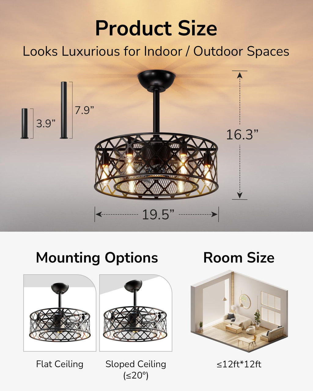 ULG 20” Caged Ceiling Fan with light, Vintage Fandelier Ceiling Fan Light Flush Mount Ceiling Fan with Remote Control, 6-Speed Quiet Wind Reversible for Small Room, Hallway, Bedroom, Porch