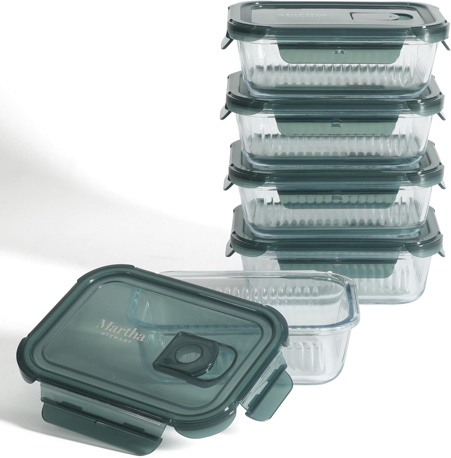 Martha Stewart Shadowbrook 5-Piece Borosilicate Glass Storage Container Set - Airtight Lids, 21.6 oz | Microwave & Dishwasher Safe