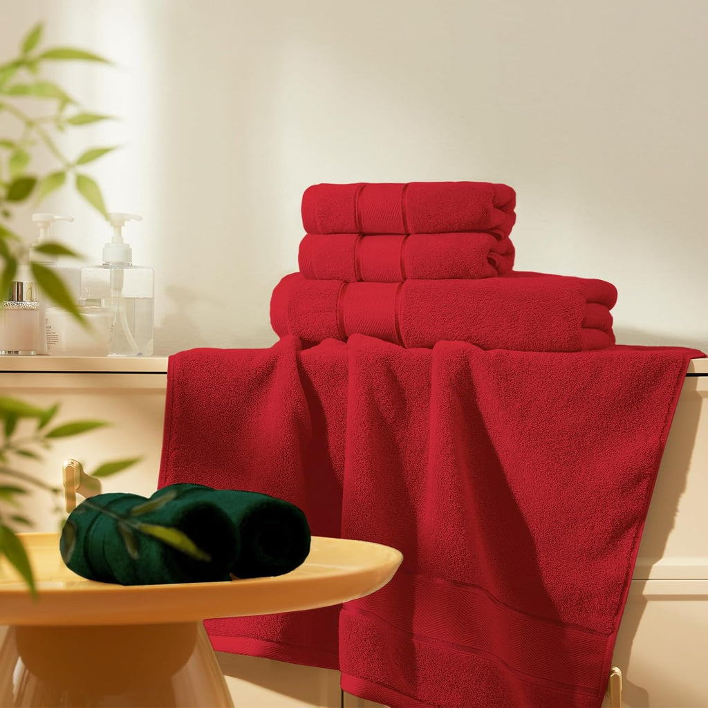 Marvione 6-Piece Bath Towels Set - 100% Turkish Cotton, Highly Absorbent & Soft | Red