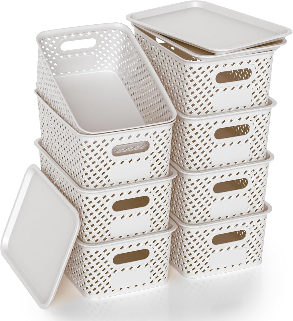 Plastic Storage Bins - Stackable Organizing Baskets with Lids | 8-Pack, 10.2x7.2x4.1 Inches, White