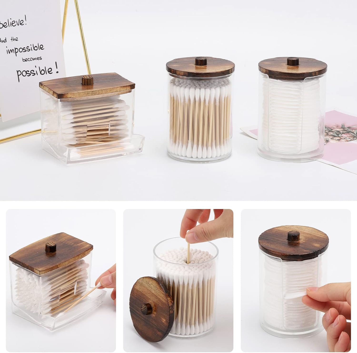 Tbestmax Bathroom Organizer Set - 3-Piece Apothecary Jar Set with Wood Lids for Q-Tips & Cotton Balls