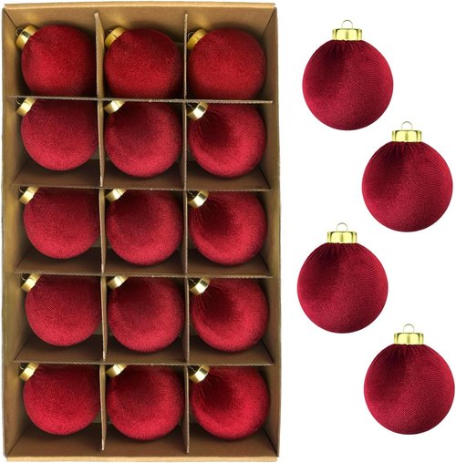 Dark Red Velvet Christmas Tree Ornaments - 15 PCS Large 3.15 Inch Shatterproof Baubles | Flocked Burgundy Decor
