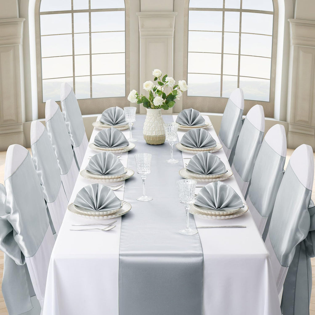 Silver Table Runner by [Brand Name] - 12 Pack, 12x108 Inches, Satin Silk-Like Smooth Decor for Weddings & Parties