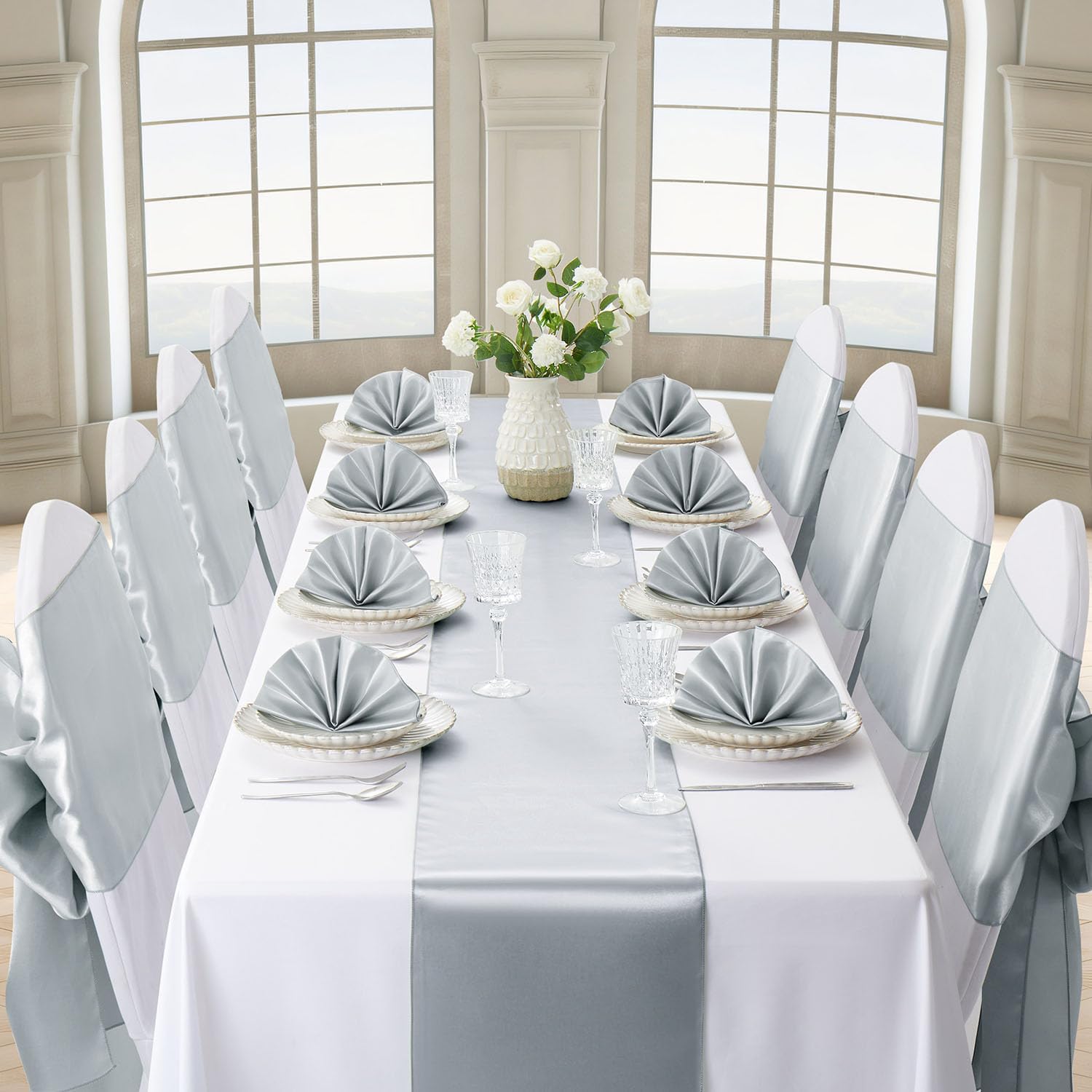 Silver Table Runner by [Brand Name] - 12 Pack, 12x108 Inches, Satin Silk-Like Smooth Decor for Weddings & Parties