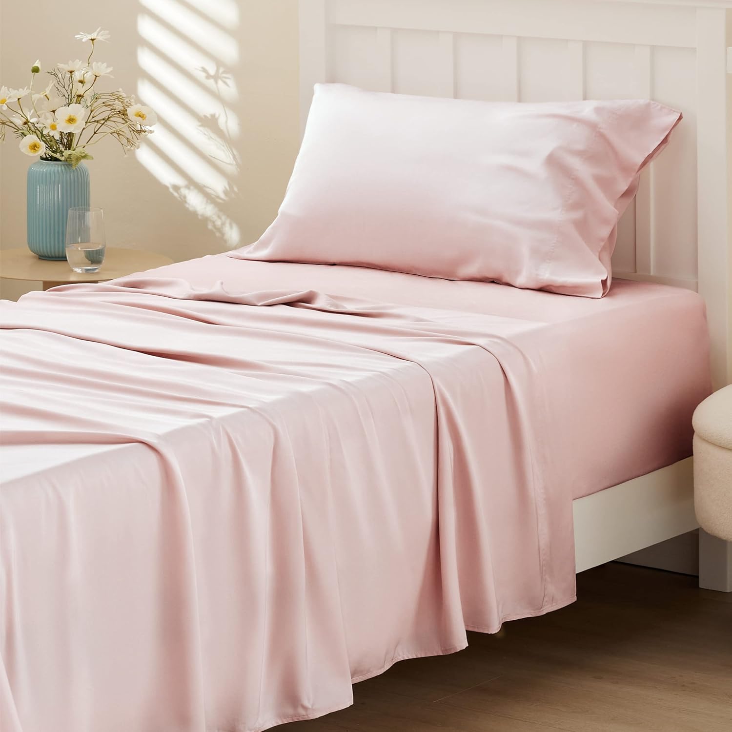 Bedsure Cooling Twin Sheets - Breathable & Soft Rayon from Bamboo | Deep Pocket Up to 16 Inches, Pink