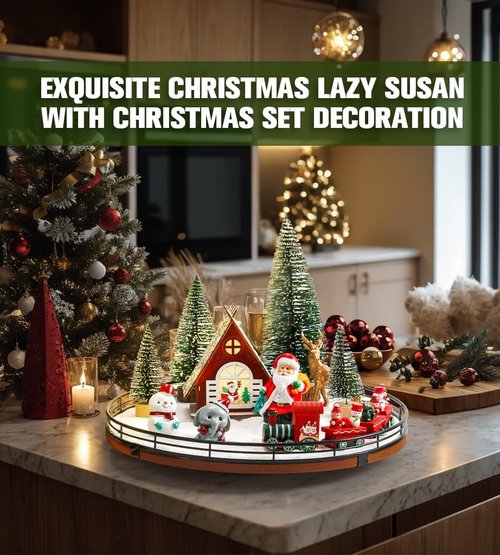 AMH Christmas Table Decorations Set - 12 PCS Oak Rotating Base with Santa, Train, House & Trees