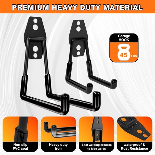 Heavy Duty Wall Garage Hooks - Steel Anti-Slip Utility Hangers for Ladders, Bikes & Tools | 10 Pack (Black)