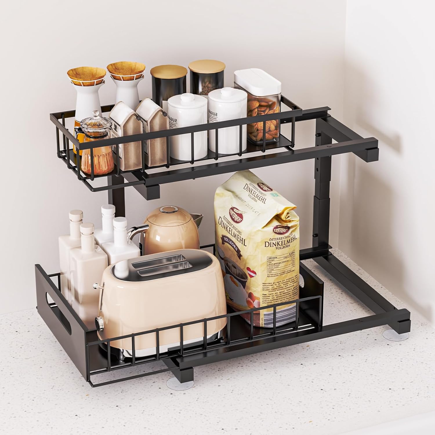 Under Sink Organizer by Regine Switzerland - Heavy Duty Metal Pull-Out Cabinet Shelf | Adjustable Multi-Purpose Storage (Black, 2-Pack)