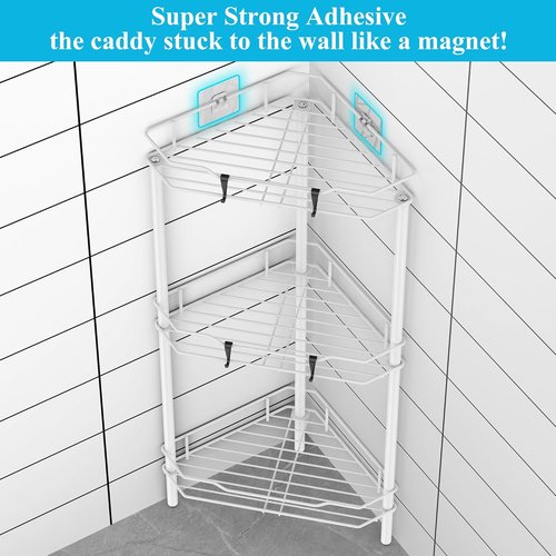 HuggieGems Corner Shower Caddy Organizer - 3 Tier Floor Standing Shelf with Hooks | White Bathroom Storage