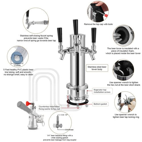 Dbgogo All Stainless Steel Triple Tap Draft Beer Tower, 3” Flange Self-Closing Beer Tap Tower Kegerator Tower Keg Tap Dispenser 1/4'' Barb Fitting Kit for Kegerator Countertop Installation