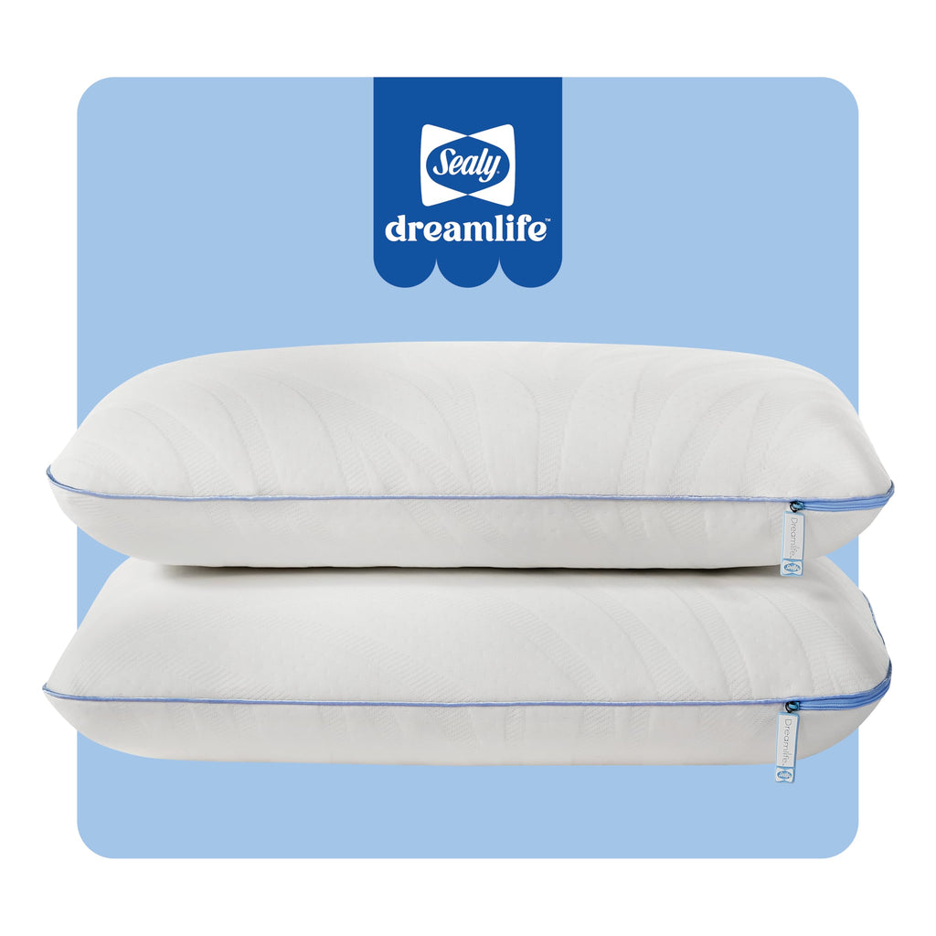 Sealy Dreamlife Queen Size Memory Foam Cooling Pillow with Surface Guard Technology, Removable Machine-Washable Cover, 1 Year Limited Warranty, White (2 Pack)