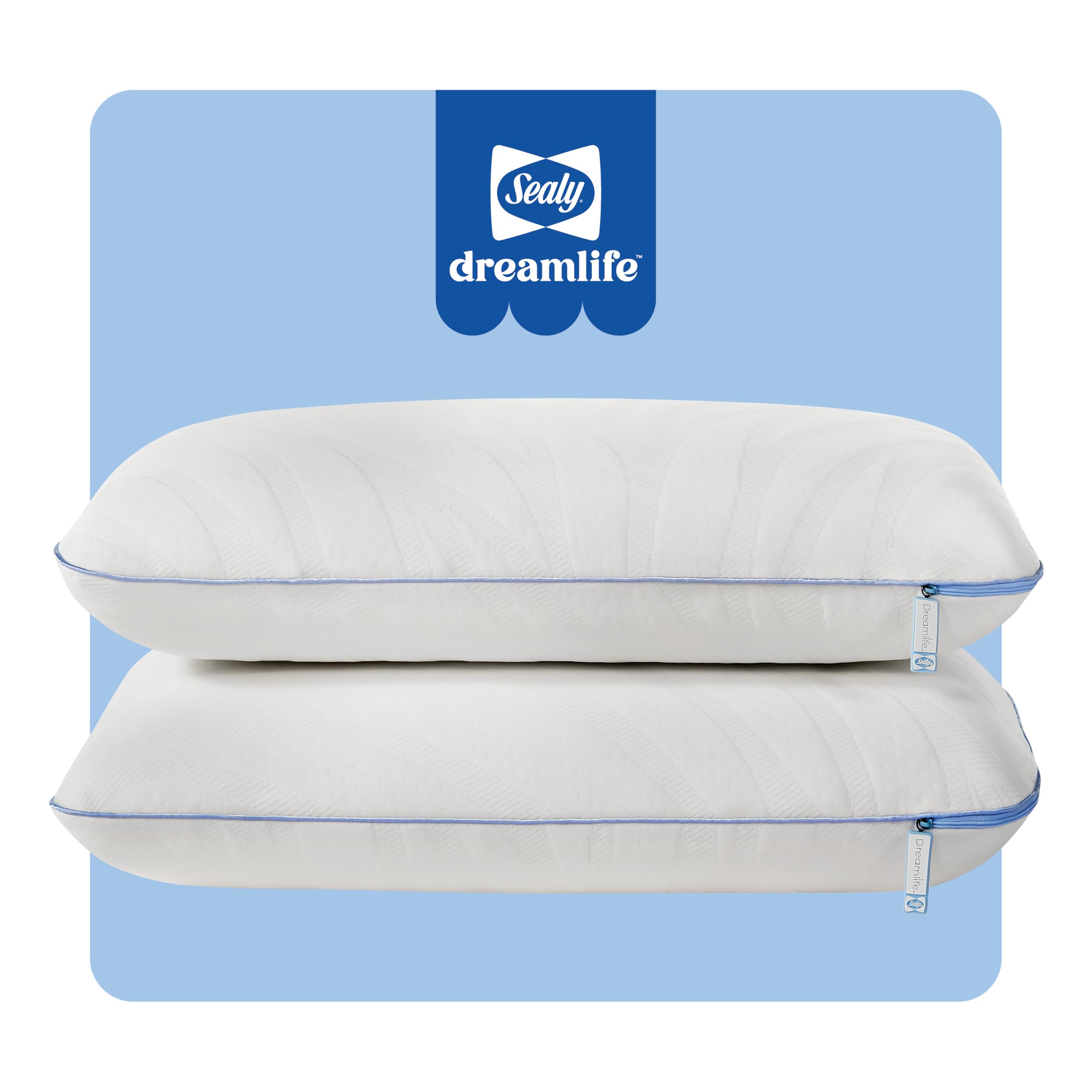 Sealy Dreamlife Queen Size Memory Foam Cooling Pillow with Surface Guard Technology, Removable Machine-Washable Cover, 1 Year Limited Warranty, White (2 Pack)